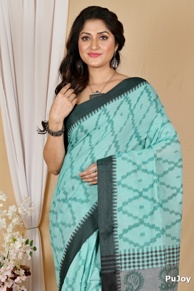 Turquoise Green Pure Cotton Seuma Hand Loom Saree (2064)