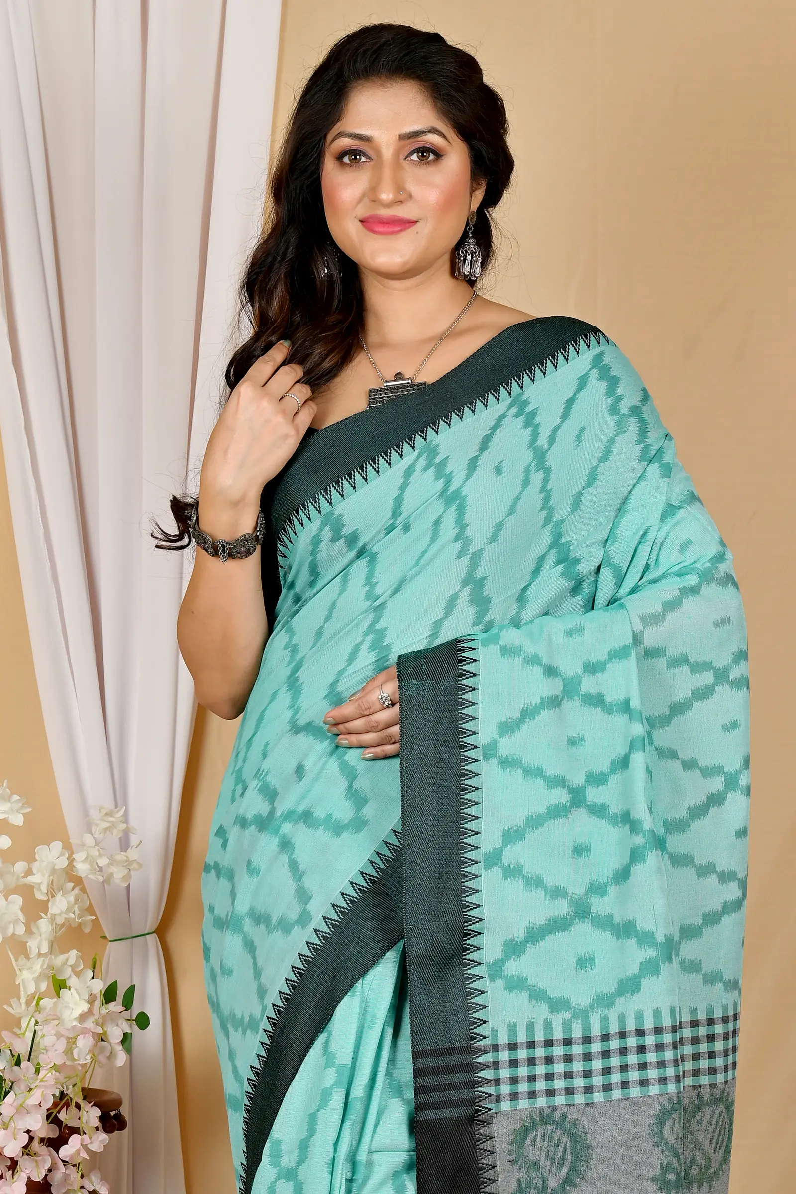 Turquoise Green Pure Cotton Seuma Hand Loom Saree (2064)