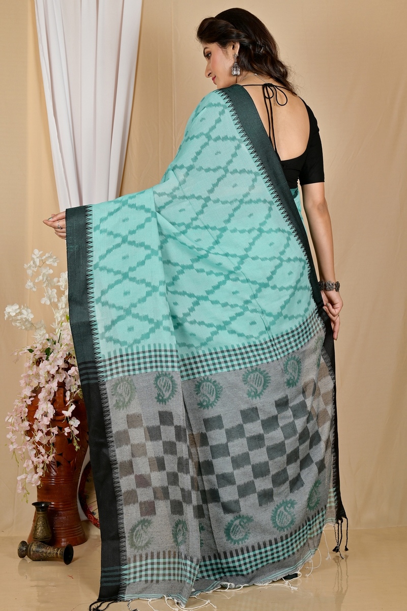 Turquoise Green Pure Cotton Seuma Hand Loom Saree (2064)