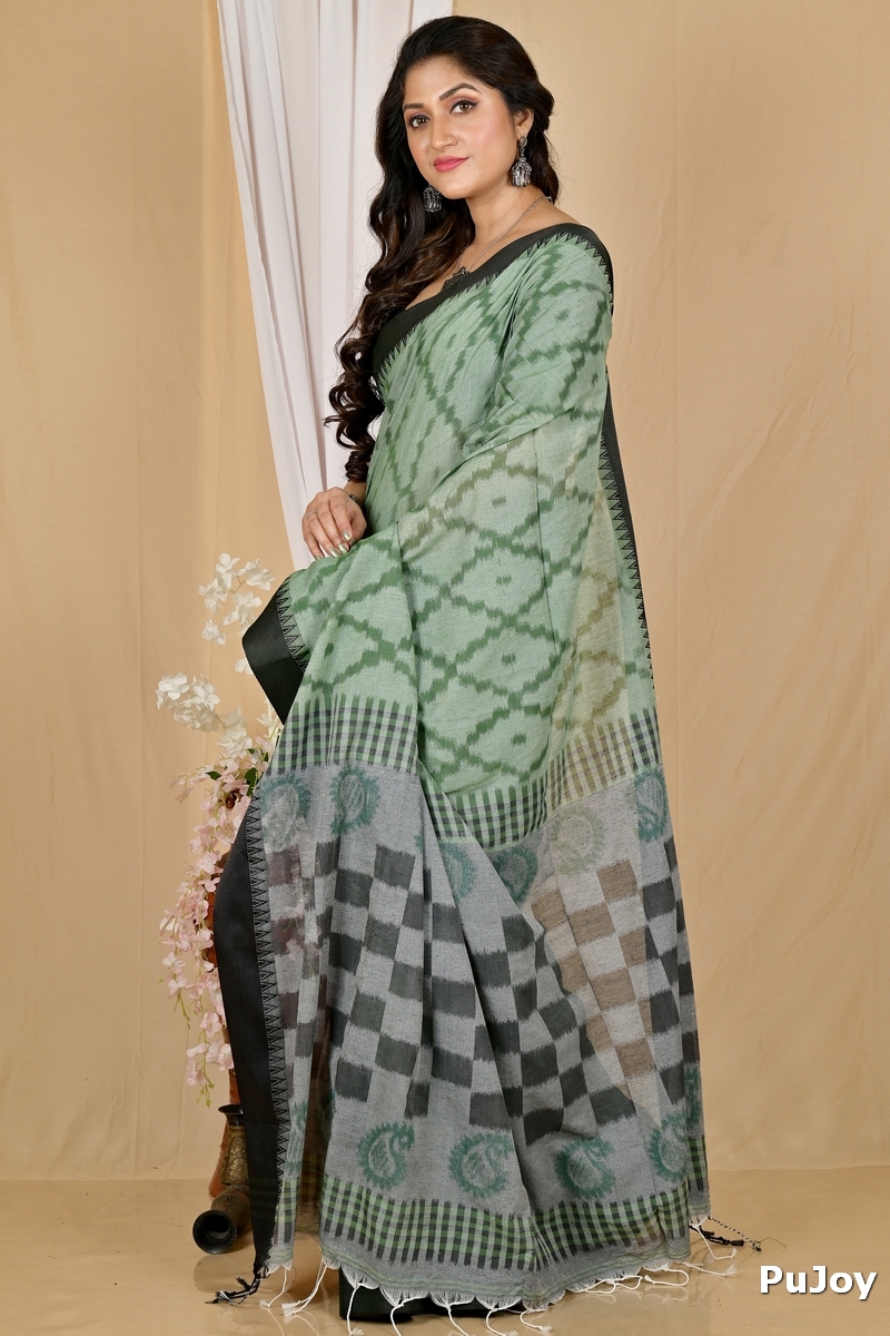 Dark Green Pure Cotton Seuma Hand Loom Saree (2065)
