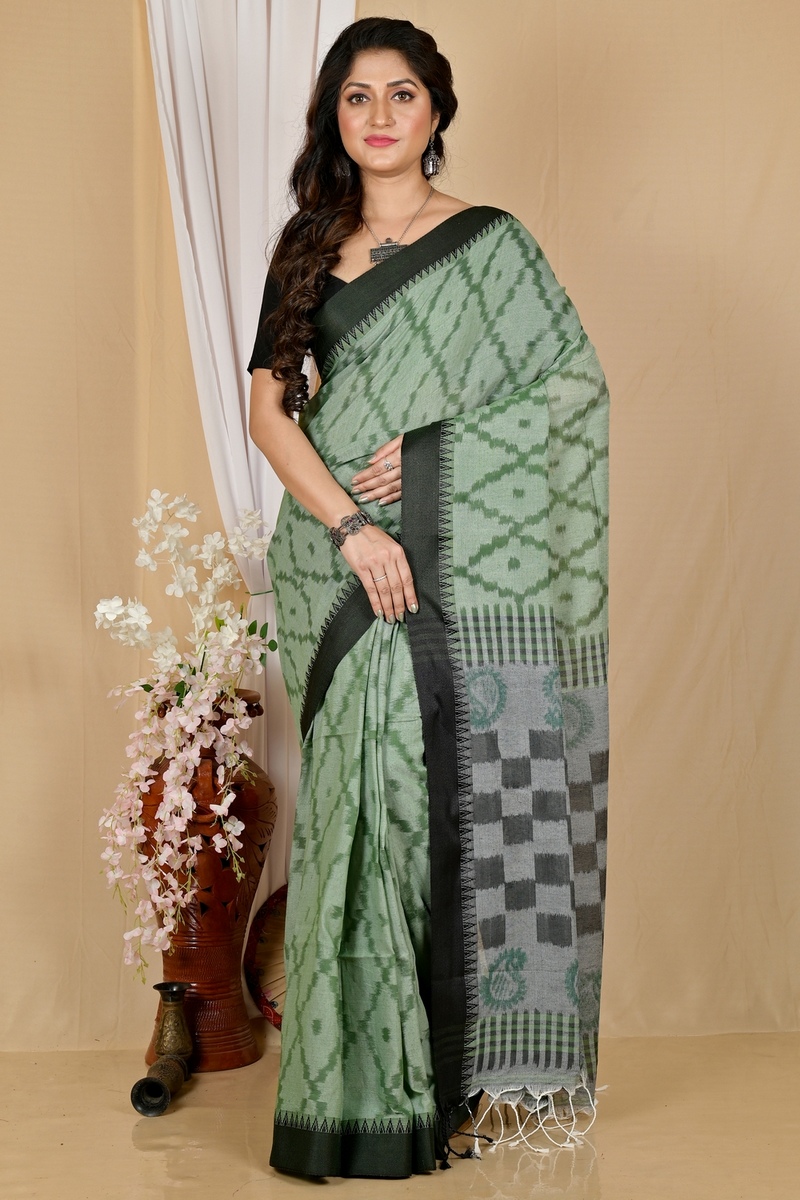 Dark Green Pure Cotton Seuma Hand Loom Saree (2065)