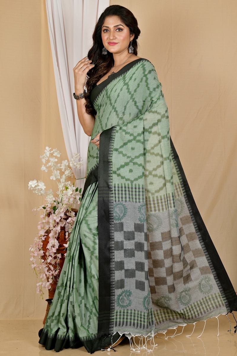 Dark Green Pure Cotton Seuma Hand Loom Saree (2065)