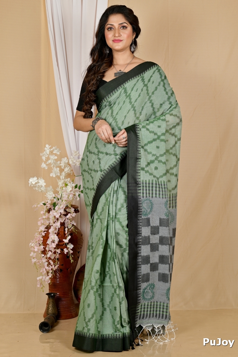 Dark Green Pure Cotton Seuma Hand Loom Saree (2065)