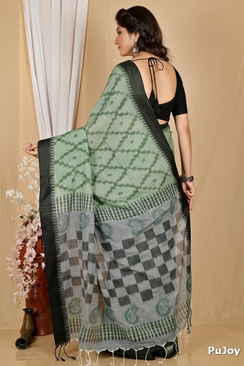 Dark Green Pure Cotton Seuma Hand Loom Saree (2065)