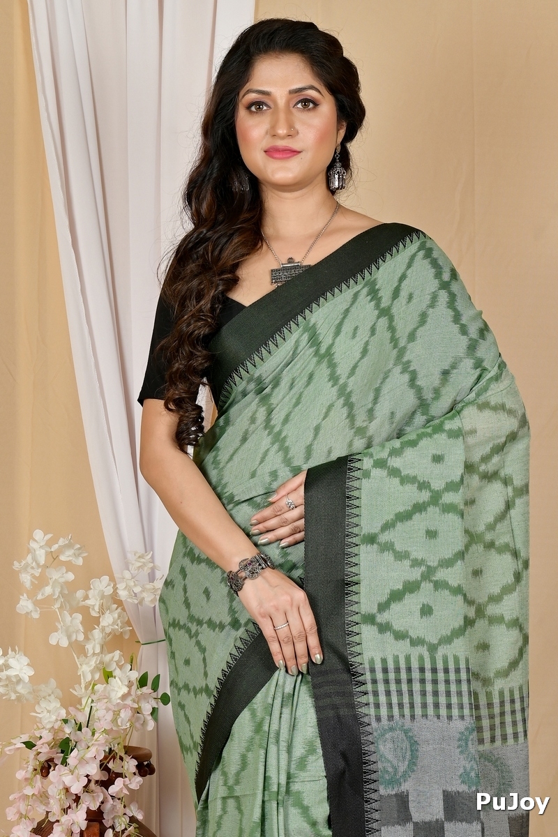 Dark Green Pure Cotton Seuma Hand Loom Saree (2065)