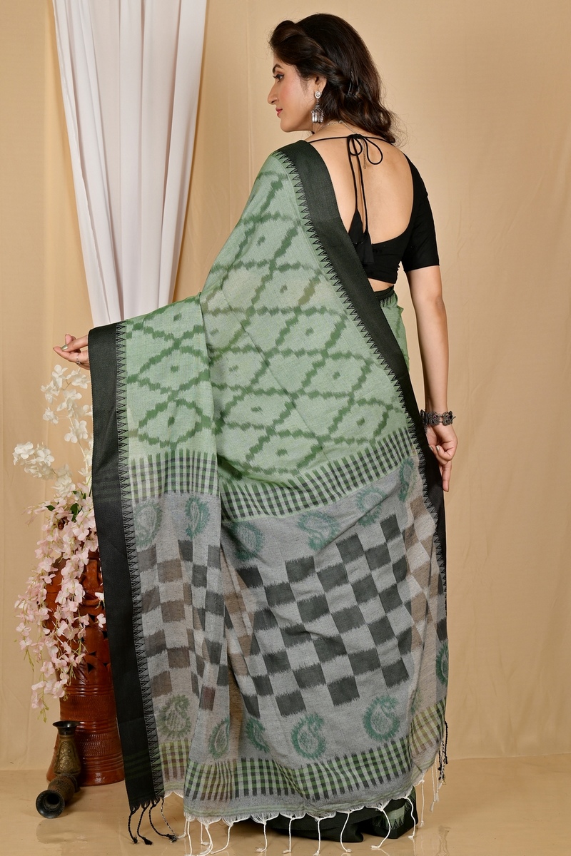 Dark Green Pure Cotton Seuma Hand Loom Saree (2065)