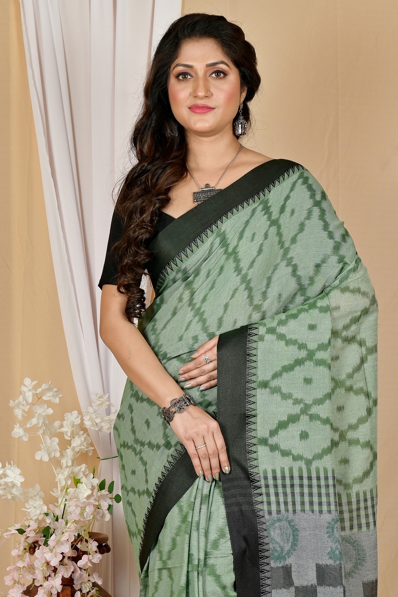 Dark Green Pure Cotton Seuma Hand Loom Saree (2065)