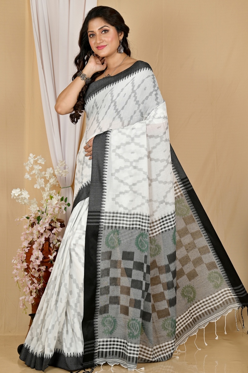 White Black Pure Cotton Seuma Hand Loom Saree (2066)