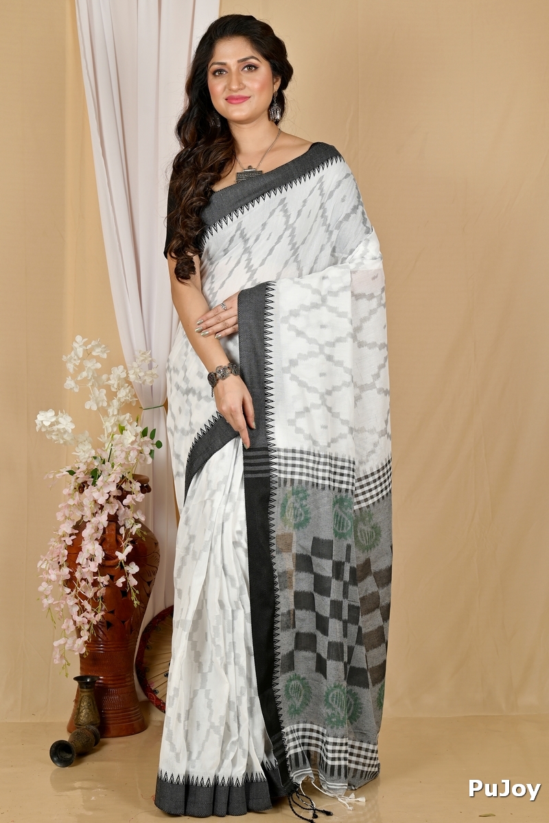 White Black Pure Cotton Seuma Hand Loom Saree (2066)