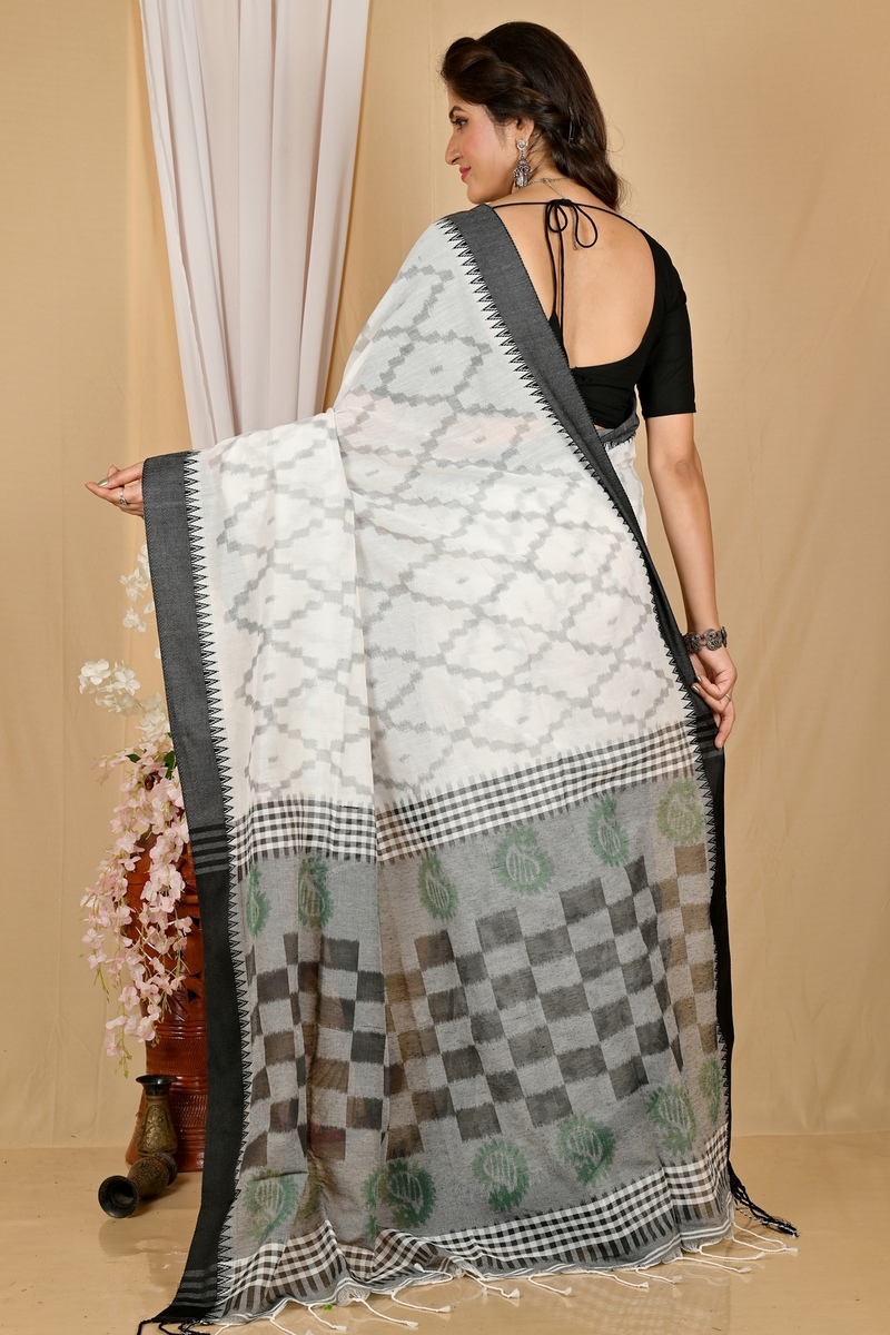 White Black Pure Cotton Seuma Hand Loom Saree (2066)