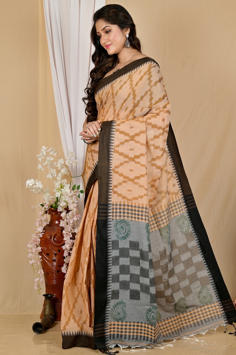 Brown Black Pure Cotton Seuma Hand Loom Saree (2067)