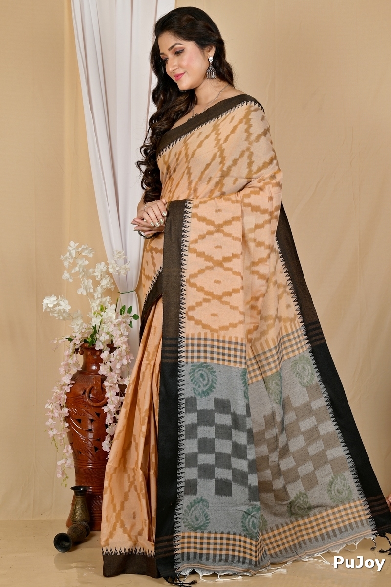Brown Black Pure Cotton Seuma Hand Loom Saree (2067)
