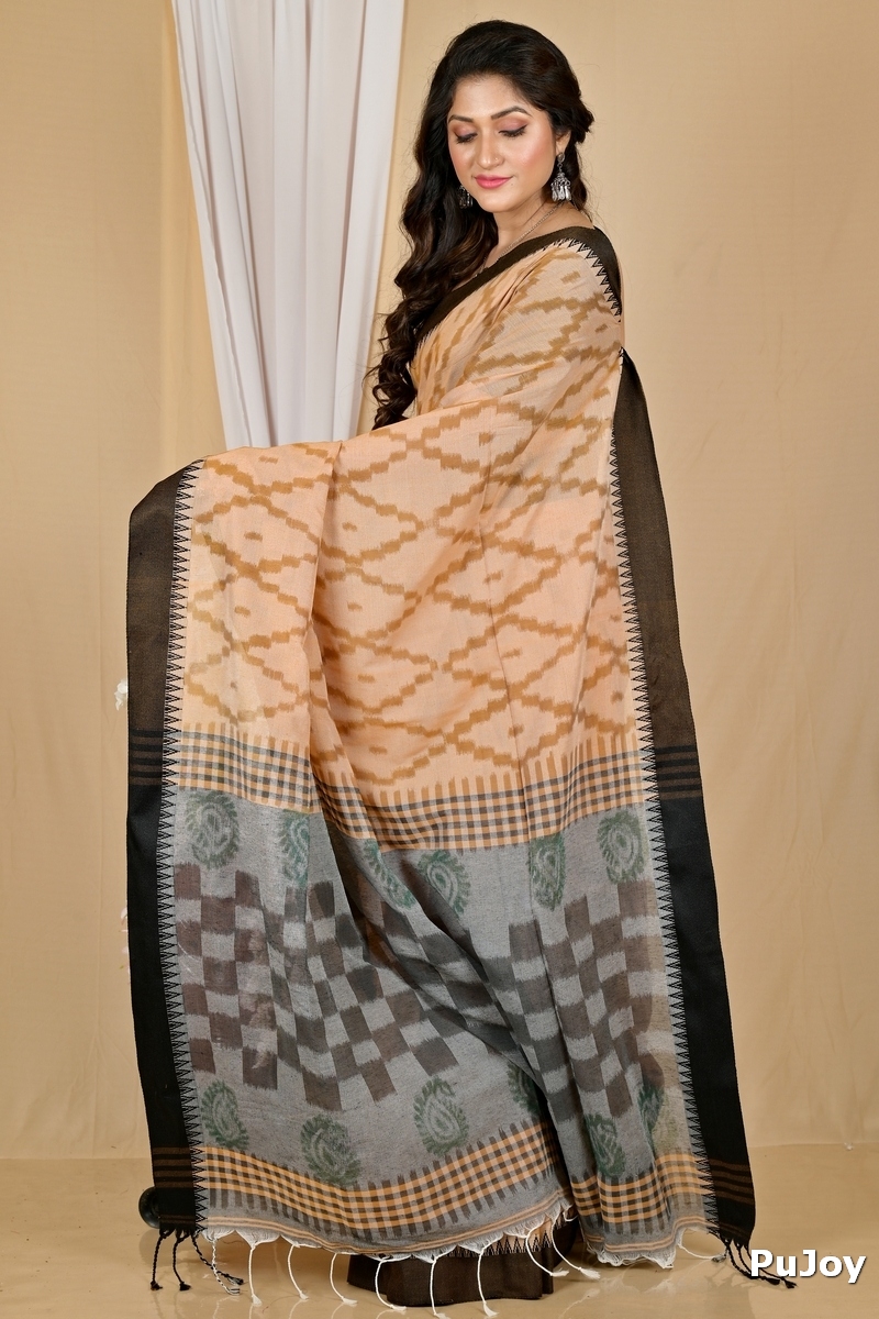 Brown Black Pure Cotton Seuma Hand Loom Saree (2067)