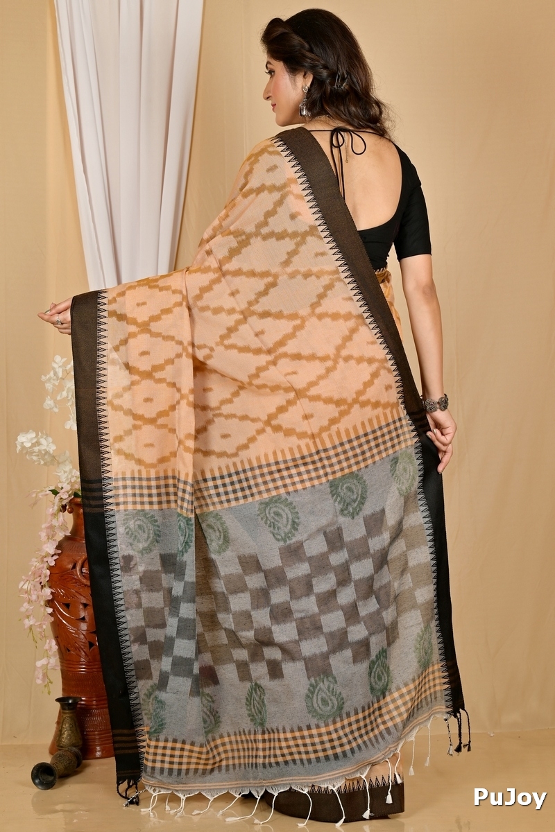 Brown Black Pure Cotton Seuma Hand Loom Saree (2067)
