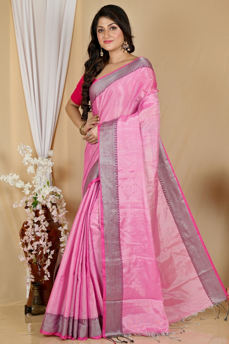 Pink Cotton Silk Tisuka Par Hand Loom Saree (2069)
