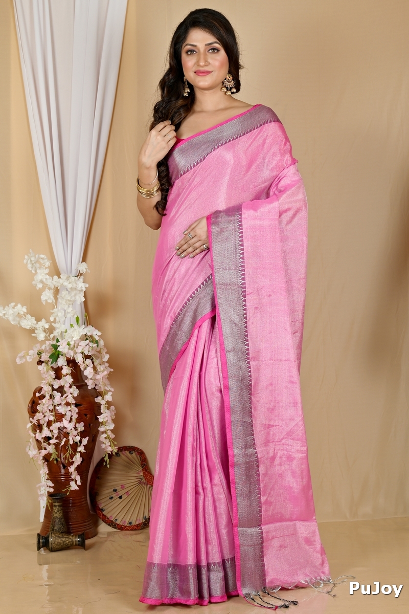Pink Cotton Silk Tisuka Par Hand Loom Saree (2069)