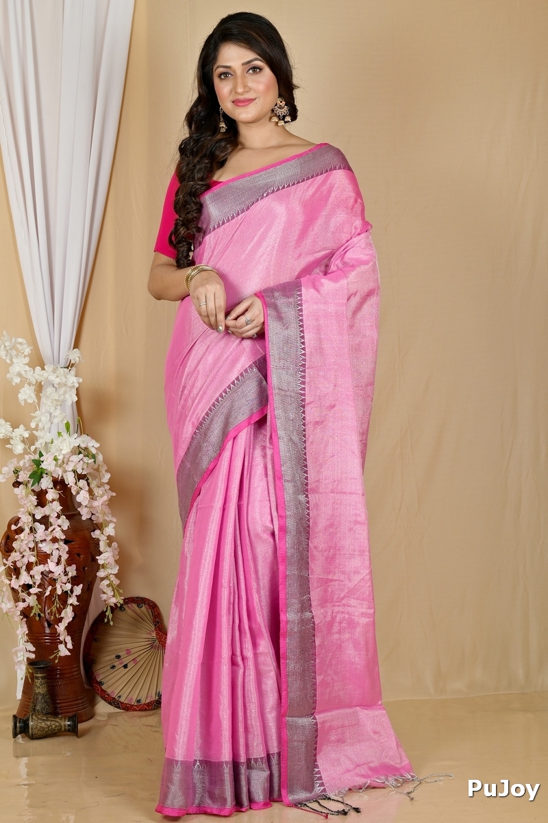 Pink Cotton Silk Tisuka Par Hand Loom Saree (2069)
