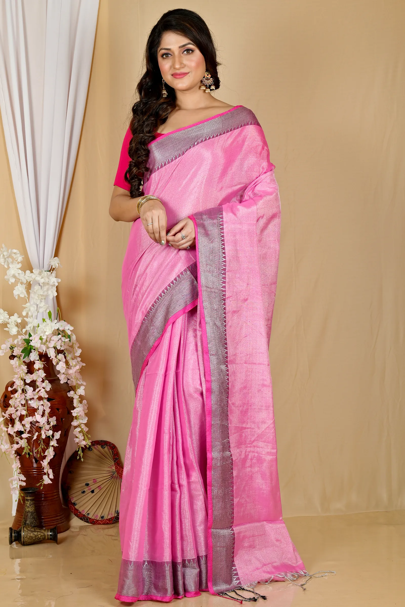 Pink Cotton Silk Tisuka Par Hand Loom Saree (2069)