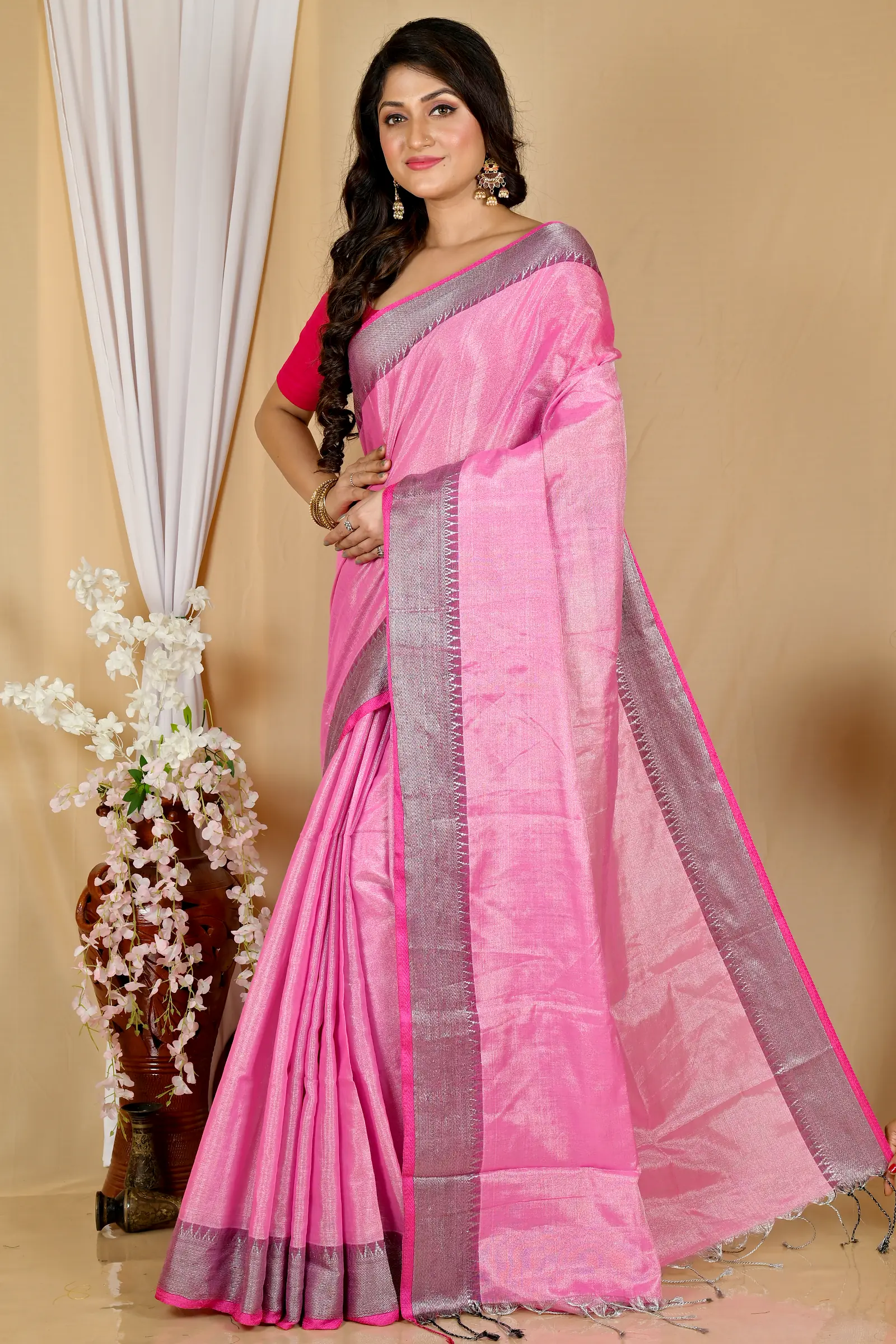 Pink Cotton Silk Tisuka Par Hand Loom Saree (2069)