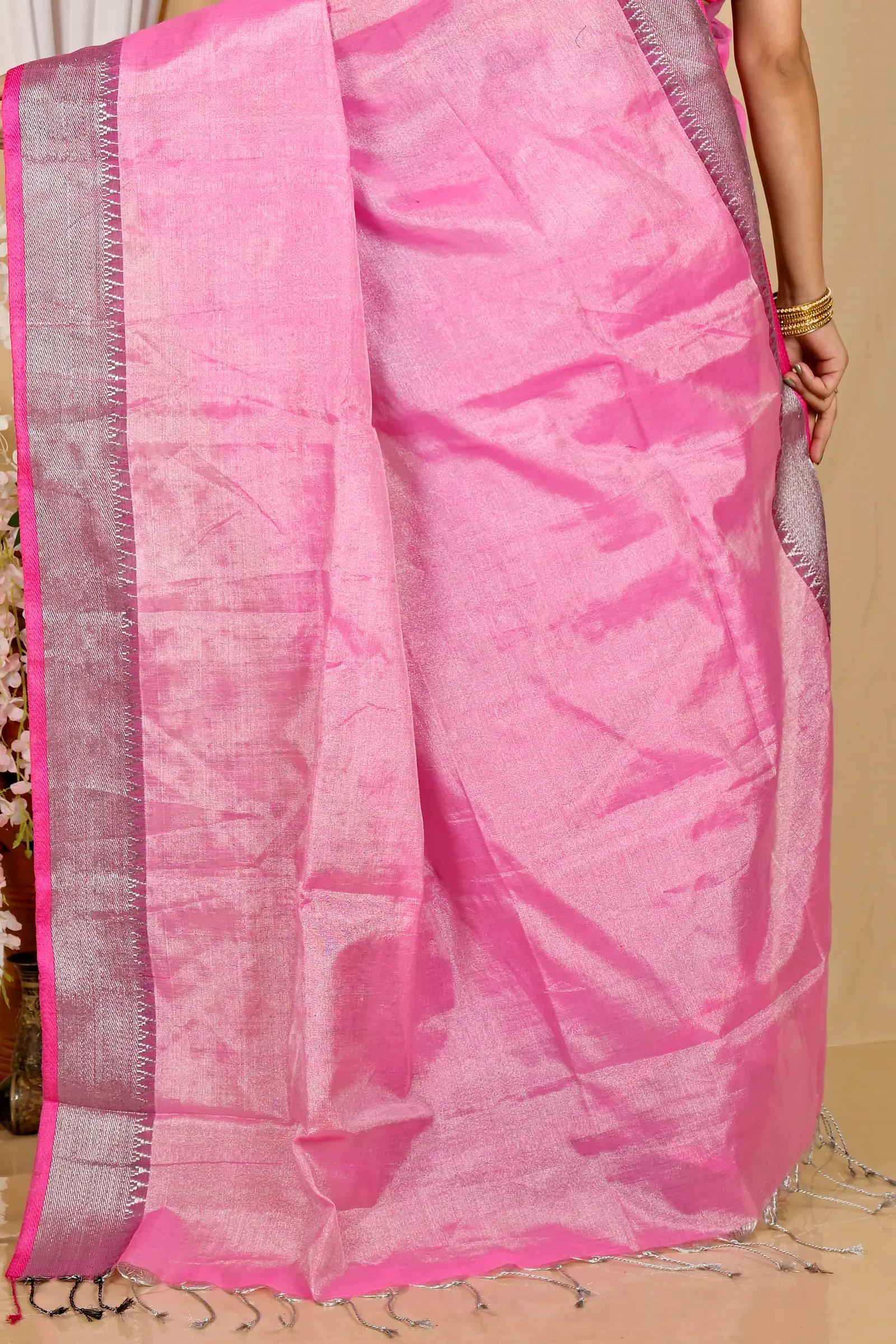 Pink Cotton Silk Tisuka Par Hand Loom Saree (2069)