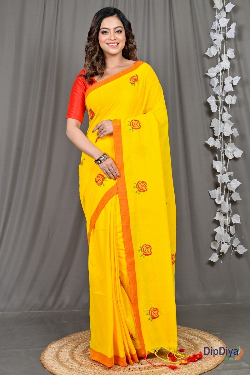 Yellow Red Pure Cotton Parag Embroidery Handloom saree (207)