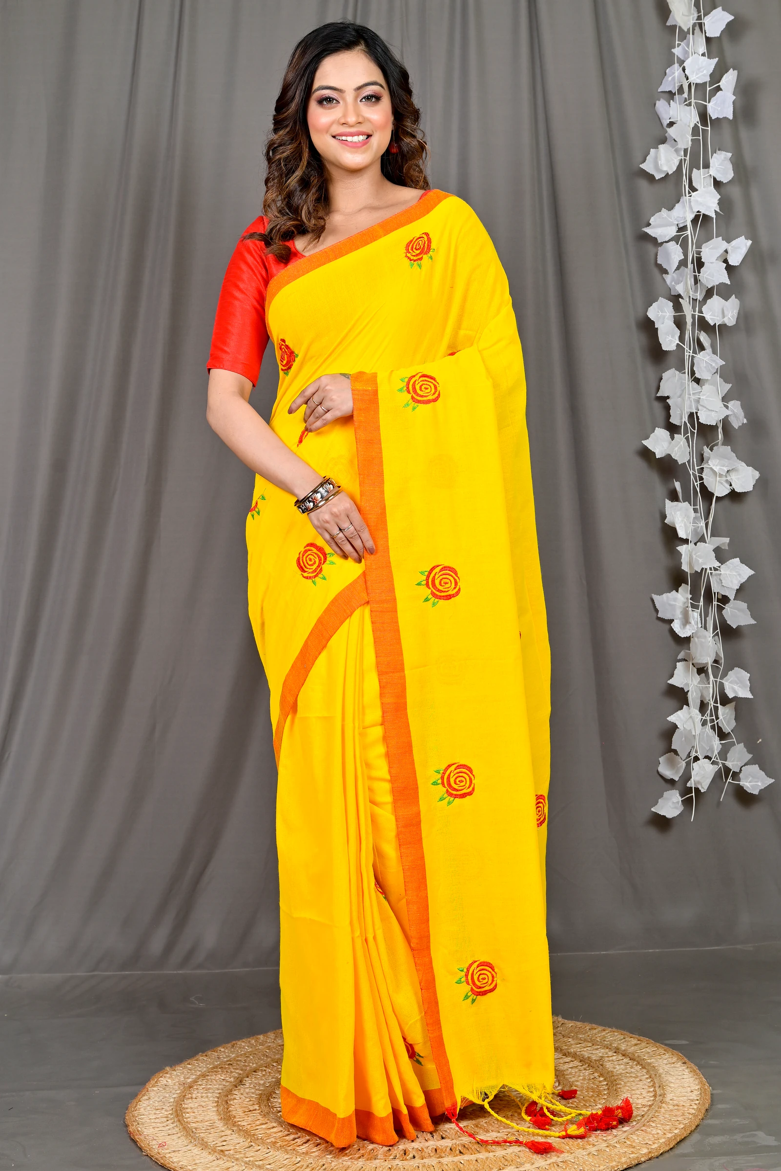 Yellow Red Pure Cotton Parag Embroidery Handloom saree (207)