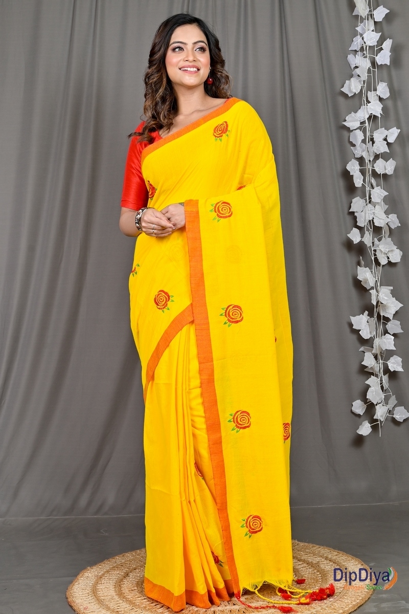 Yellow Red Pure Cotton Parag Embroidery Handloom saree (207)