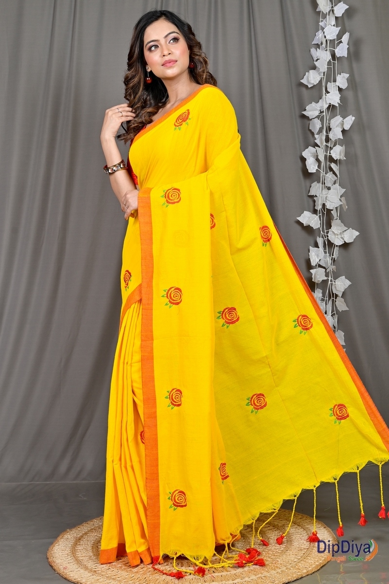 Yellow Red Pure Cotton Parag Embroidery Handloom saree (207)