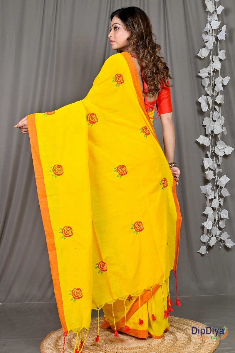 Yellow Red Pure Cotton Parag Embroidery Handloom saree (207)