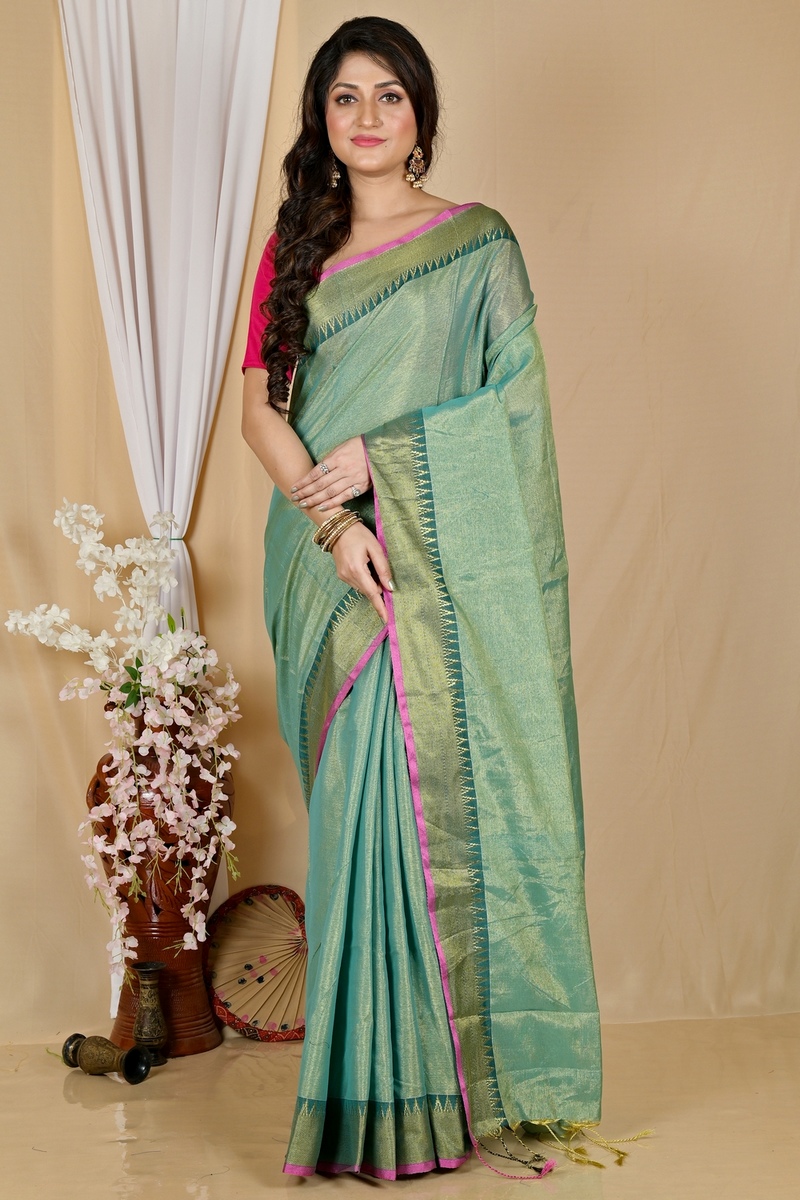 Green Cotton Silk Tisuka Par Hand Loom Saree (2070)
