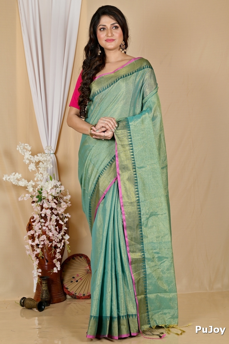 Green Cotton Silk Tisuka Par Hand Loom Saree (2070)