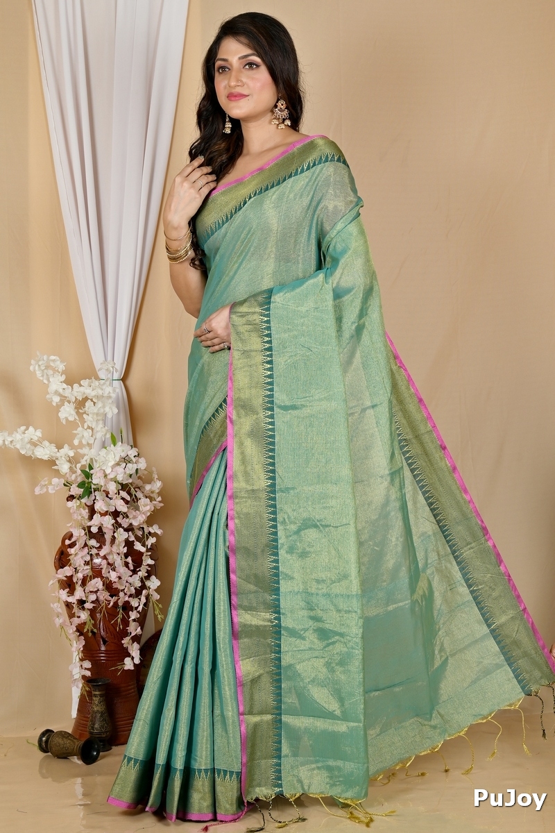 Green Cotton Silk Tisuka Par Hand Loom Saree (2070)
