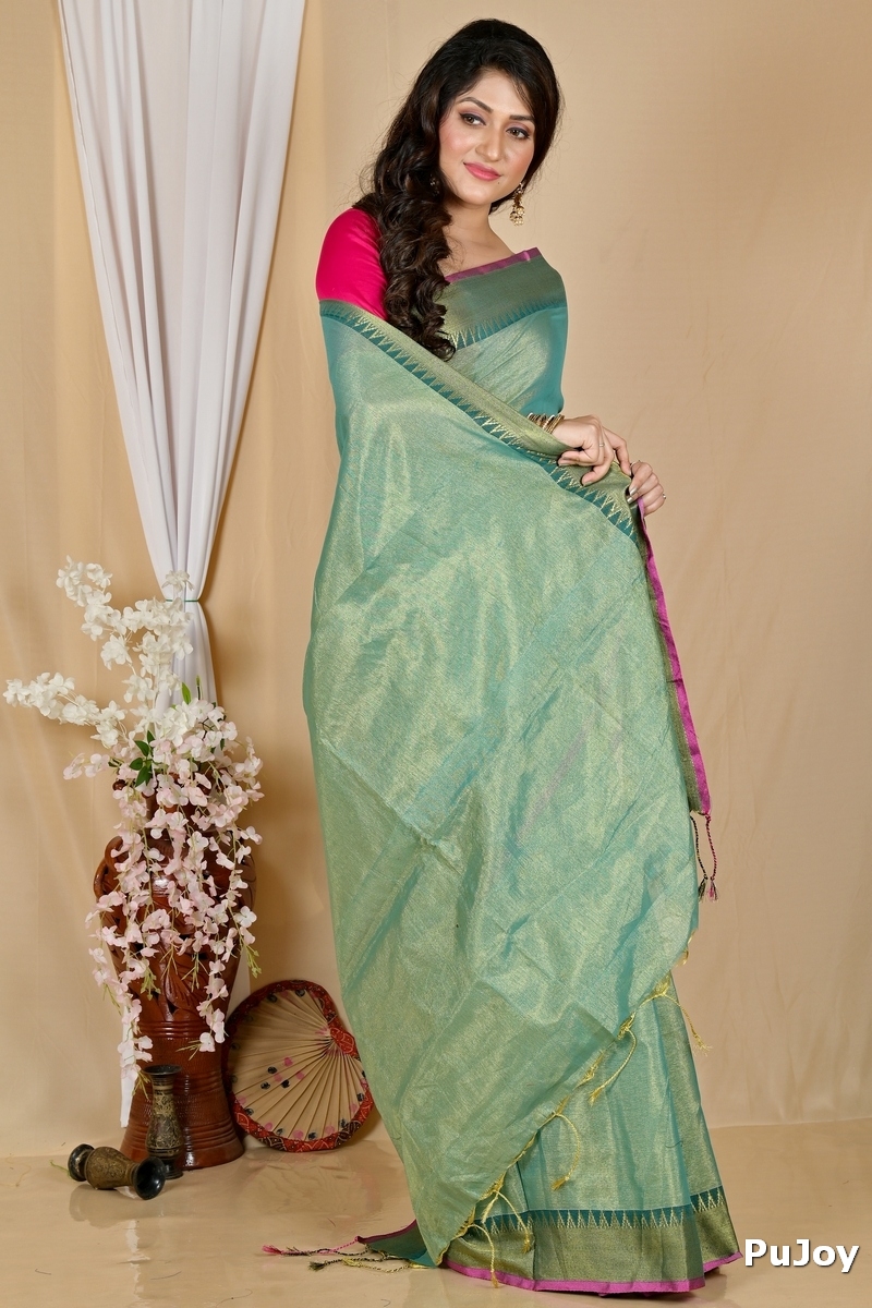 Green Cotton Silk Tisuka Par Hand Loom Saree (2070)