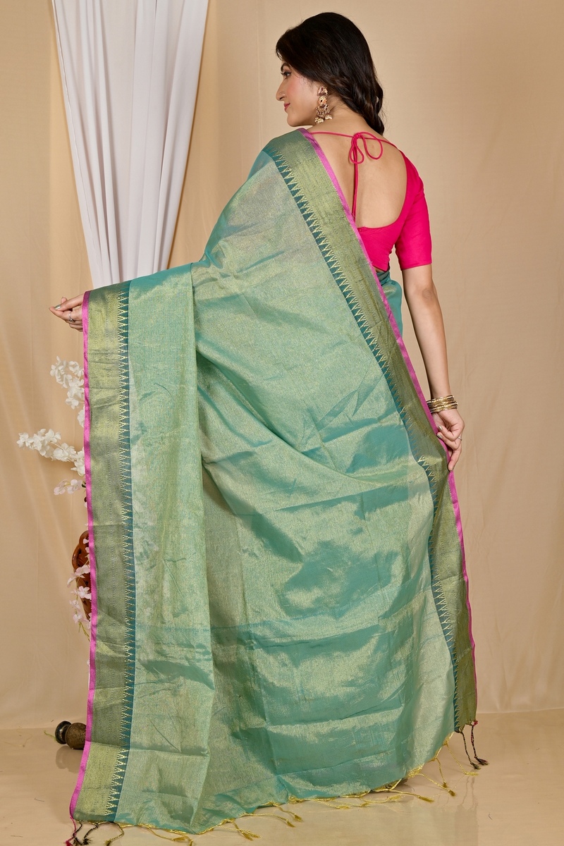 Green Cotton Silk Tisuka Par Hand Loom Saree (2070)