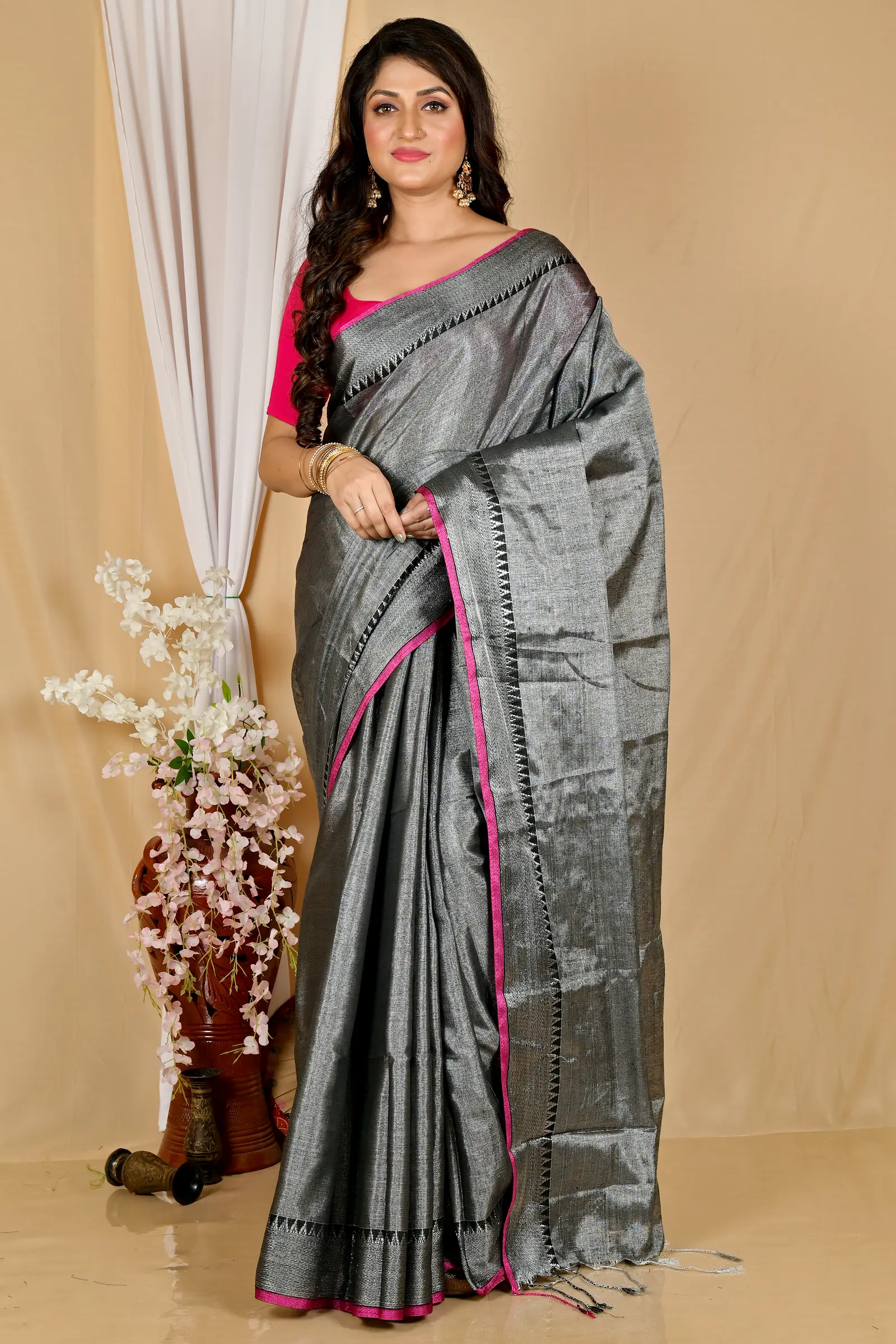 Dark Grey Cotton Silk Tisuka Par Hand Loom Saree (2071)