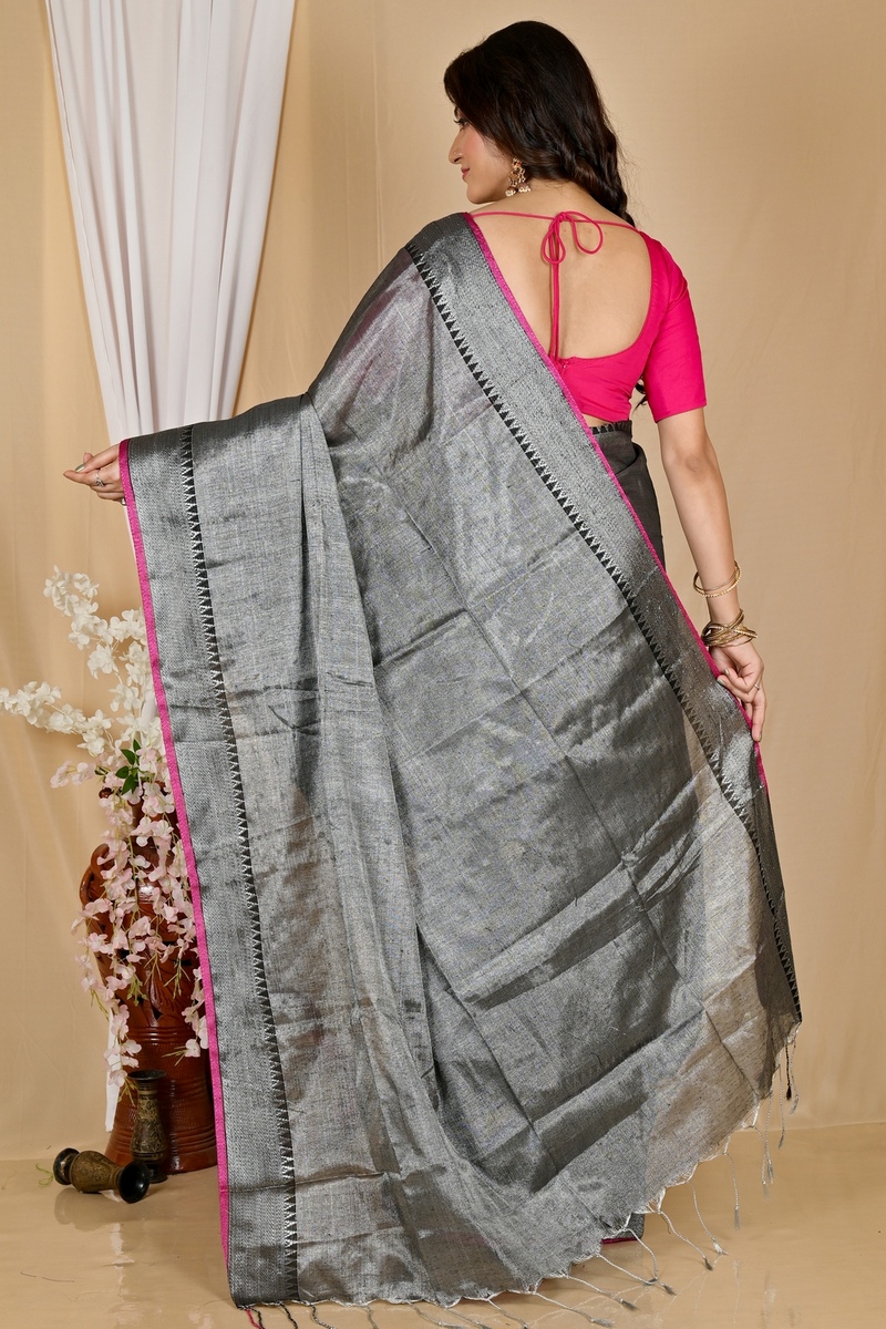 Dark Grey Cotton Silk Tisuka Par Hand Loom Saree (2071)