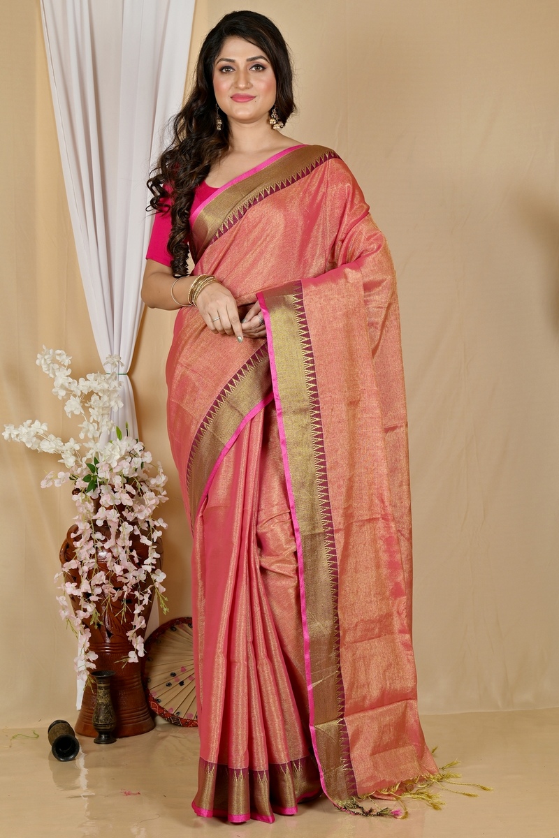 Golden Pink Cotton Silk Tisuka Par Hand Loom Saree (2072)