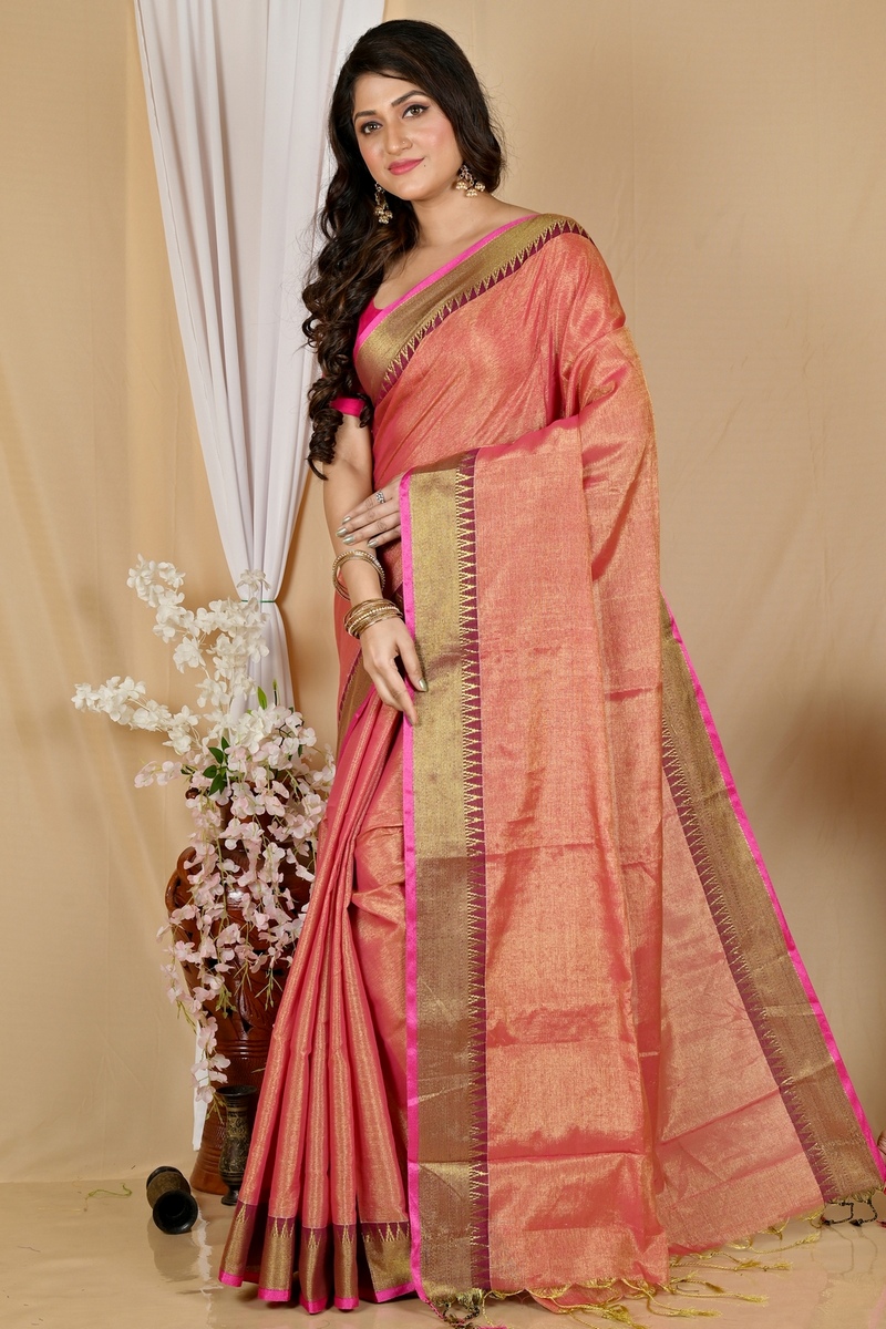 Golden Pink Cotton Silk Tisuka Par Hand Loom Saree (2072)