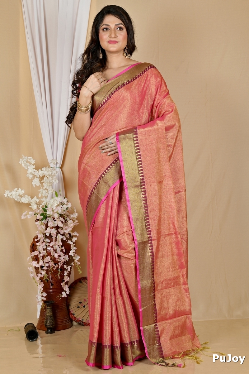 Golden Pink Cotton Silk Tisuka Par Hand Loom Saree (2072)