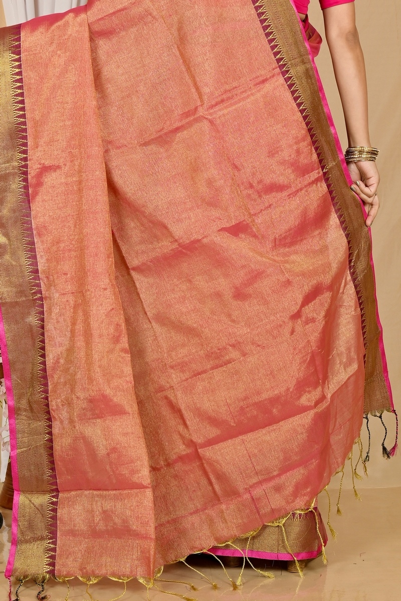 Golden Pink Cotton Silk Tisuka Par Hand Loom Saree (2072)