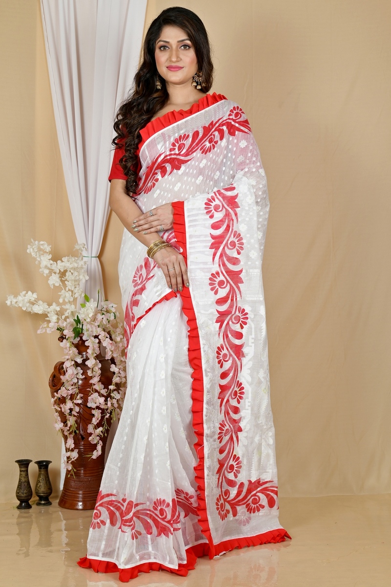 White Red Pure Cotton Borma Hand Loom Saree (2073)