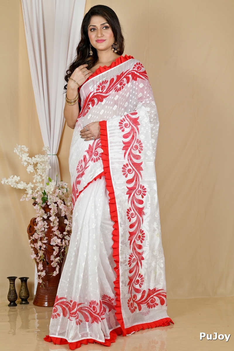 White Red Pure Cotton Borma Hand Loom Saree (2073)