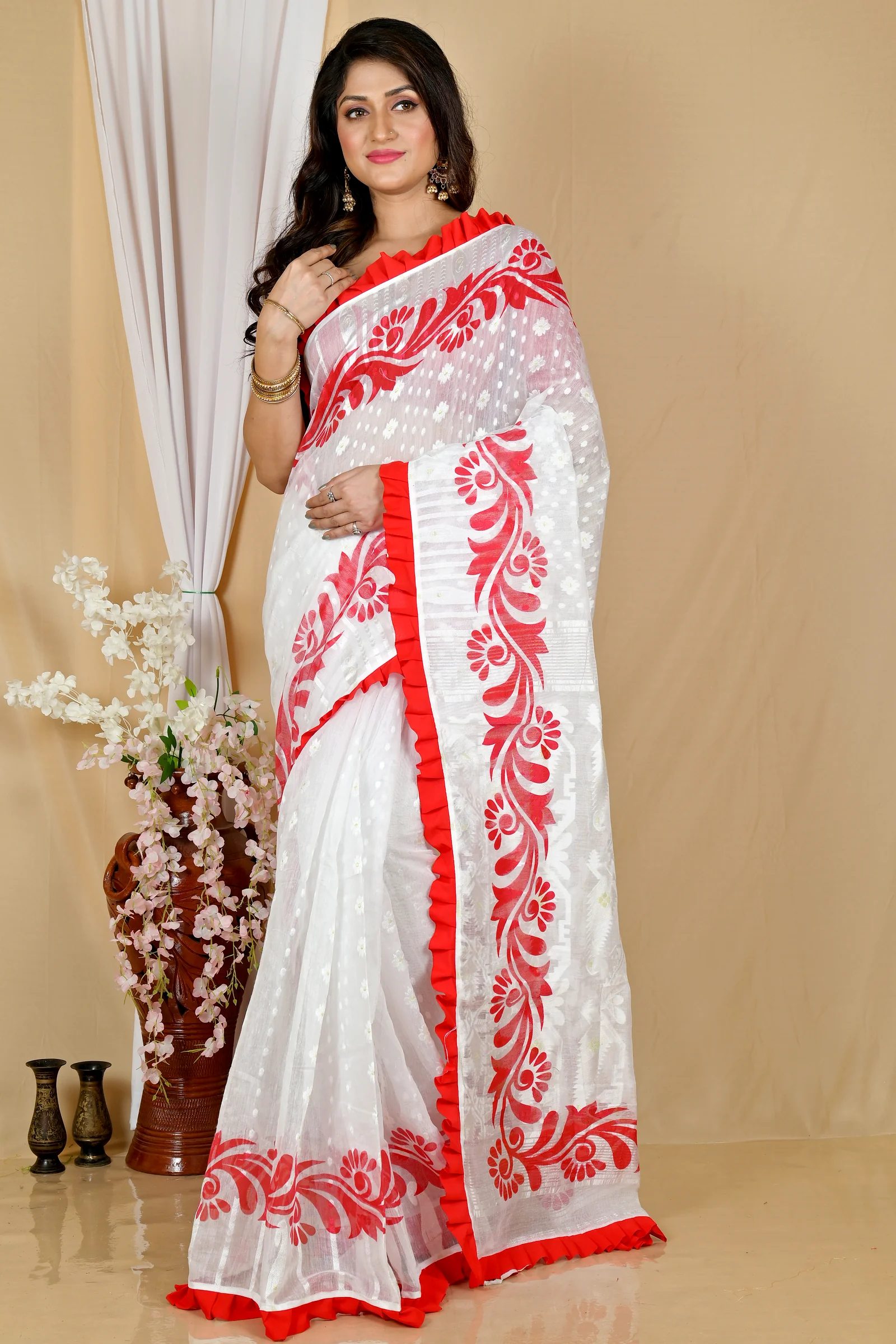 White Red Pure Cotton Borma Hand Loom Saree (2073)