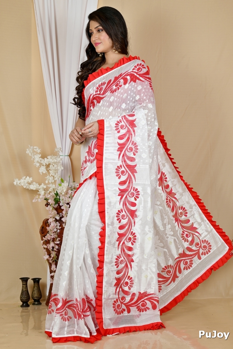 White Red Pure Cotton Borma Hand Loom Saree (2073)