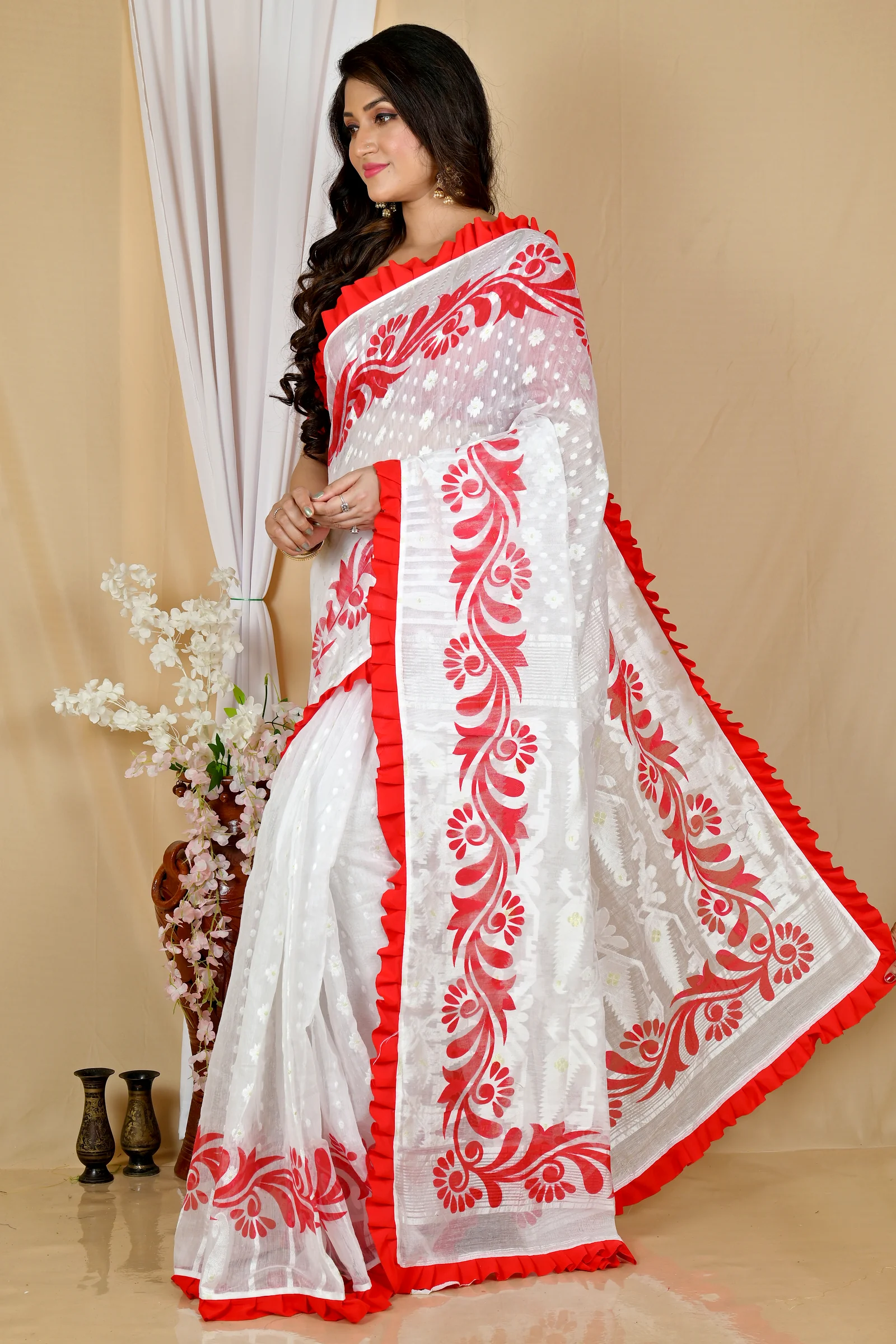 White Red Pure Cotton Borma Hand Loom Saree (2073)