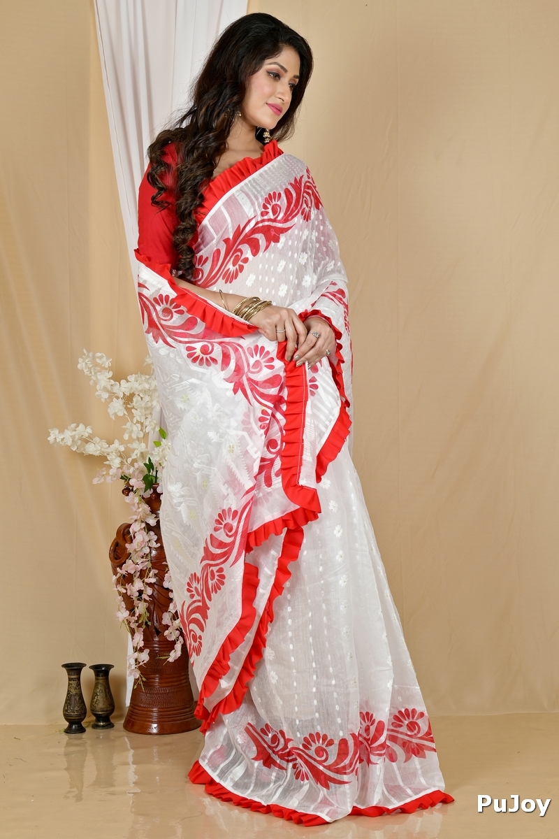 White Red Pure Cotton Borma Hand Loom Saree (2073)