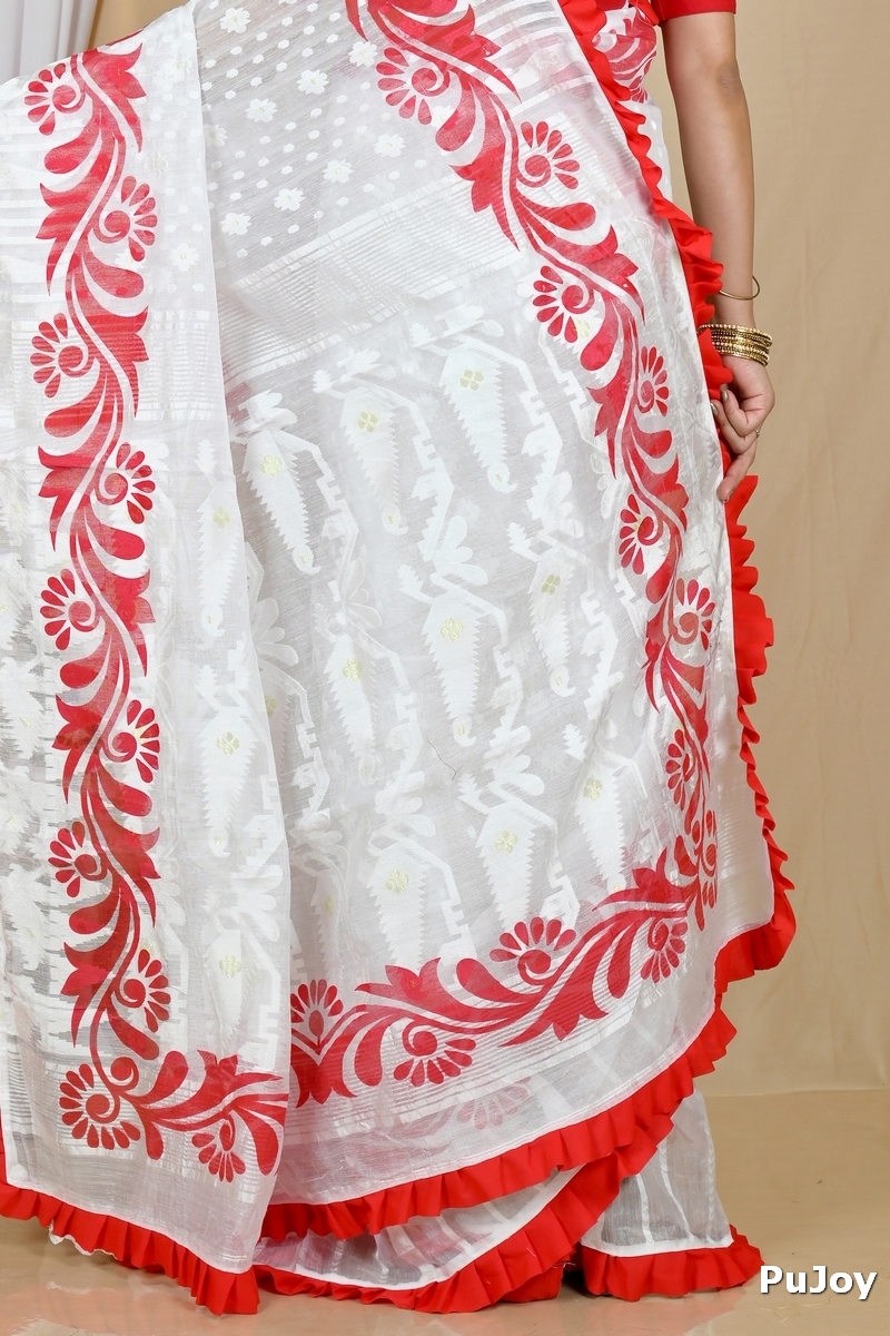 White Red Pure Cotton Borma Hand Loom Saree (2073)
