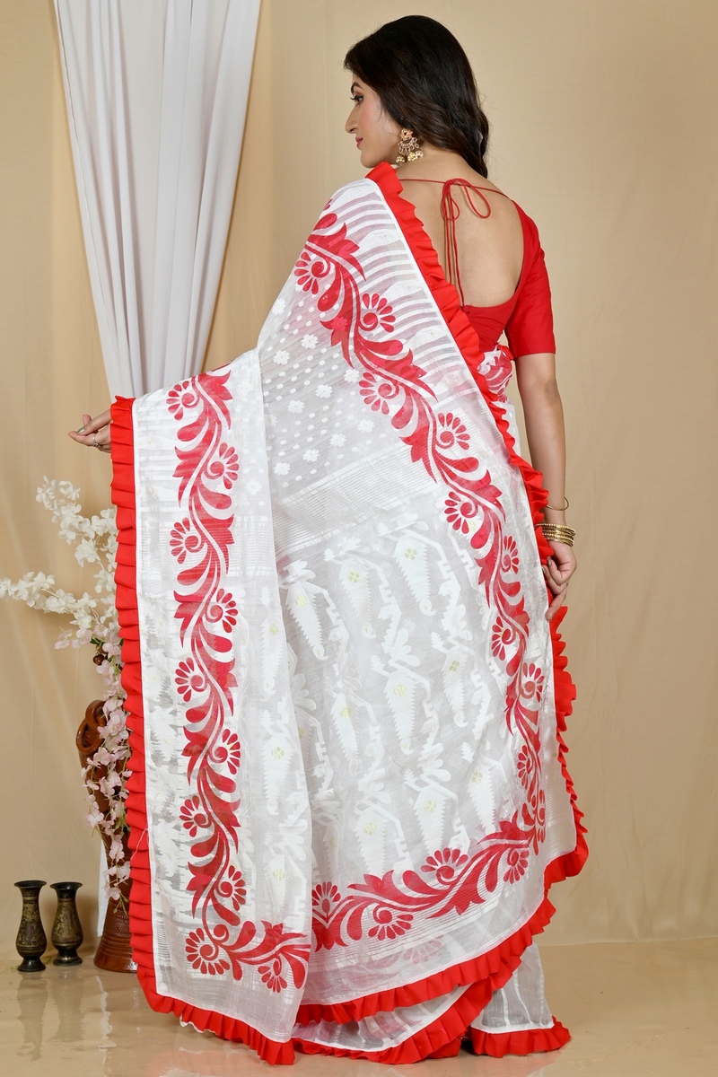 White Red Pure Cotton Borma Hand Loom Saree (2073)