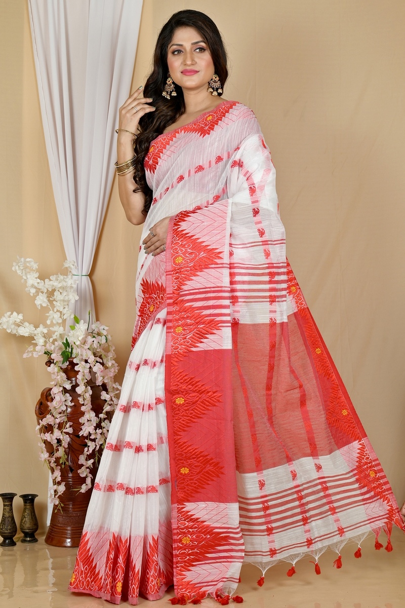 White Red Pure Cotton Borma Hand Loom Saree (2074)