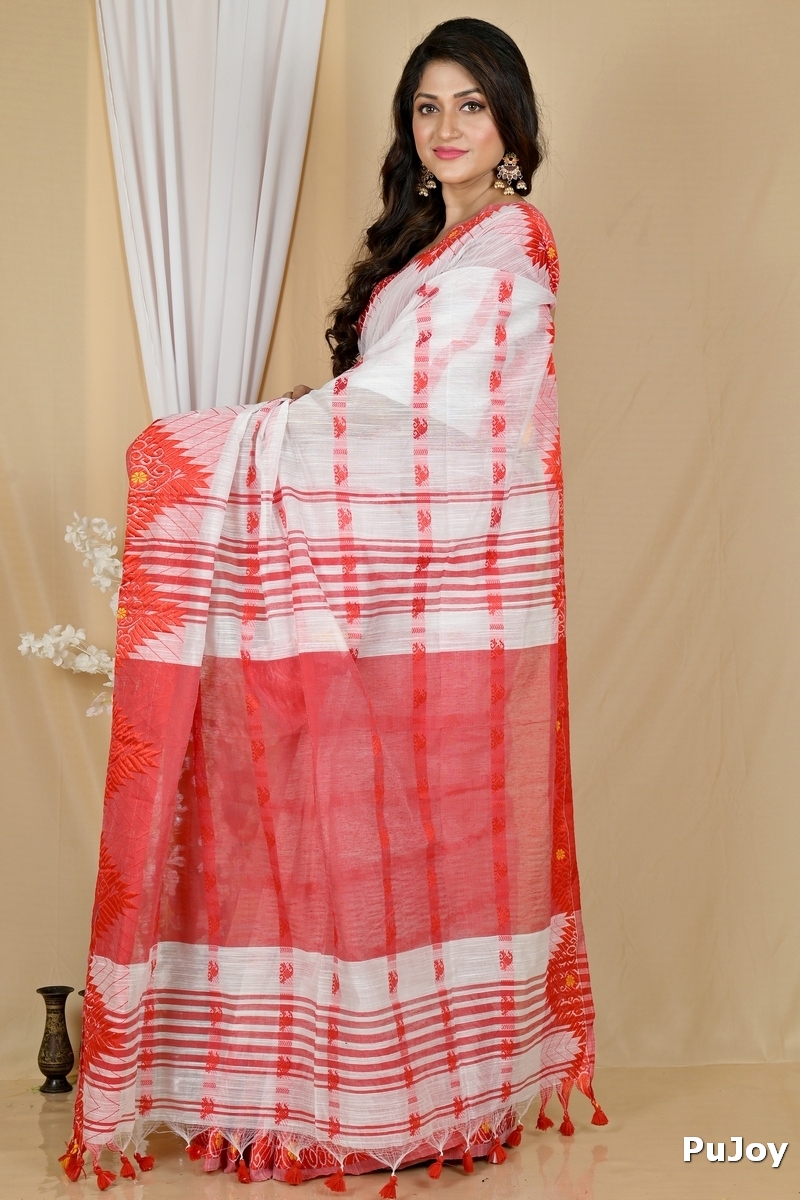White Red Pure Cotton Borma Hand Loom Saree (2074)